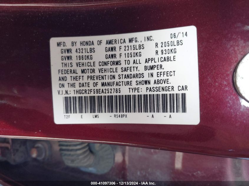 VIN 1HGCR2F59EA252785 2014 Honda Accord, Sport no.9