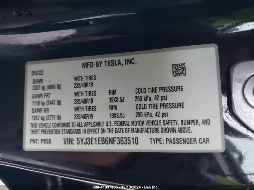 2022 Tesla Model 3 Long Range Dual Motor All-Wheel Drive VIN: 5YJ3E1EB6NF363510 Lot: 41097453