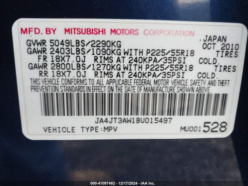 2011 Mitsubishi Outlander Se VIN: JA4JT3AW1BU015497 Lot: 41097482