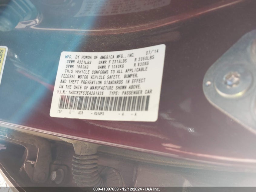 2014 HONDA ACCORD VIN: 1HGCR2F53EA281926