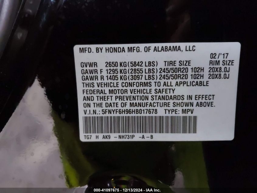 VIN 5FNYF6H96HB017678 2017 HONDA PILOT no.9