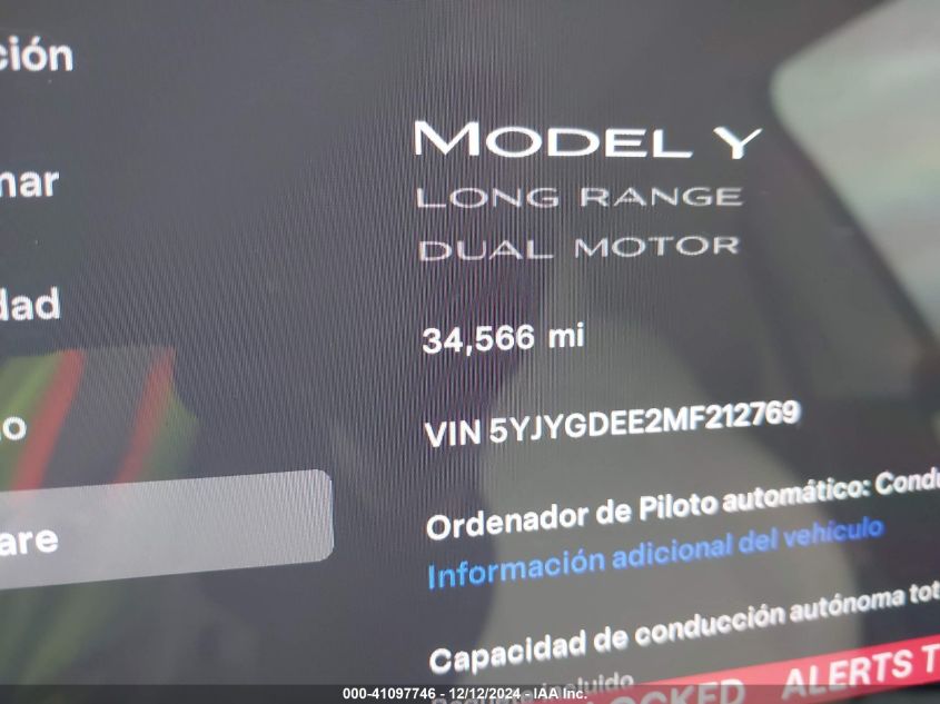 2021 Tesla Model Y Long Range Dual Motor All-Wheel Drive VIN: 5YJYGDEE2MF212769 Lot: 41097746