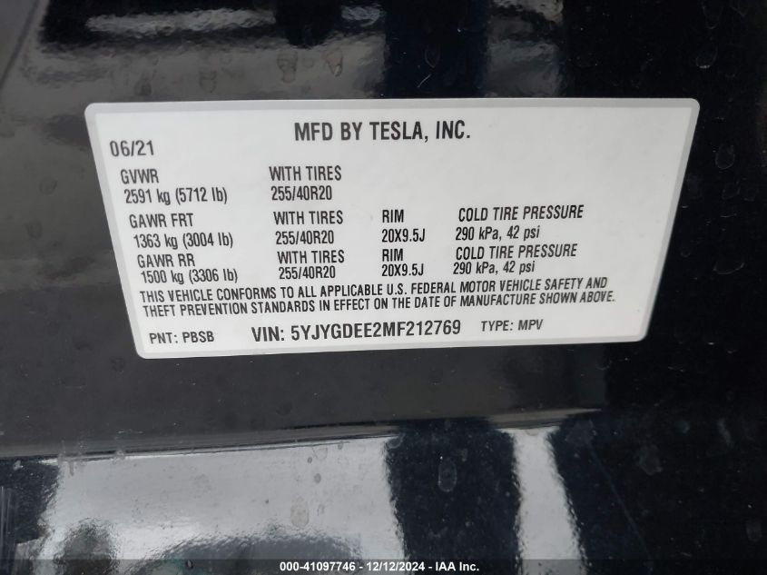 2021 Tesla Model Y Long Range Dual Motor All-Wheel Drive VIN: 5YJYGDEE2MF212769 Lot: 41097746