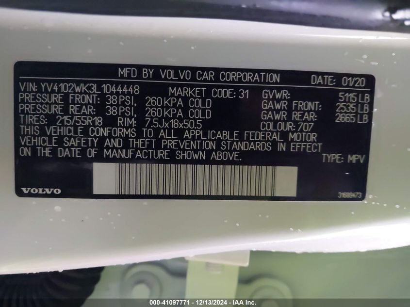 VIN YV4102WK3L1044448 2020 Volvo V60, Cross Country T5 no.9