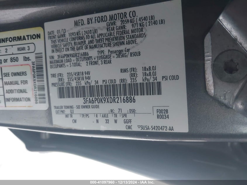 2013 FORD FUSION VIN: 3FA6P0K9XDR216886