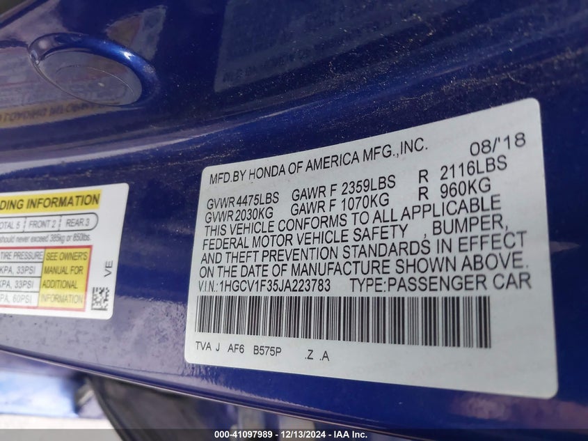 2018 HONDA ACCORD VIN: 1HGCV1F35JA223783