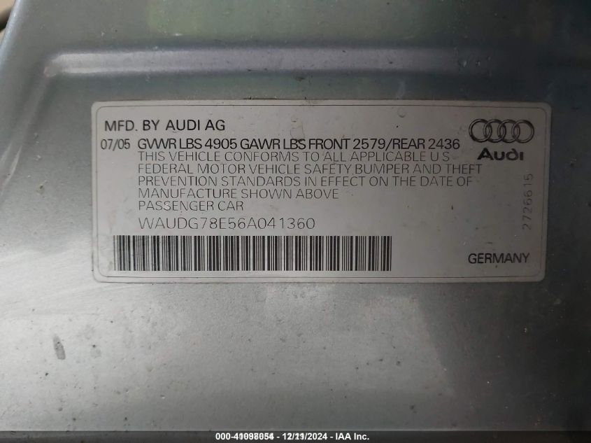 2006 Audi A4 3.2 VIN: WAUDG78E56A041360 Lot: 41098054