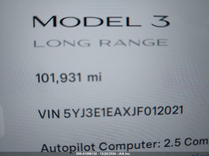 2018 Tesla Model 3 Long Range/Mid Range VIN: 5YJ3E1EAXJF012021 Lot: 41098130