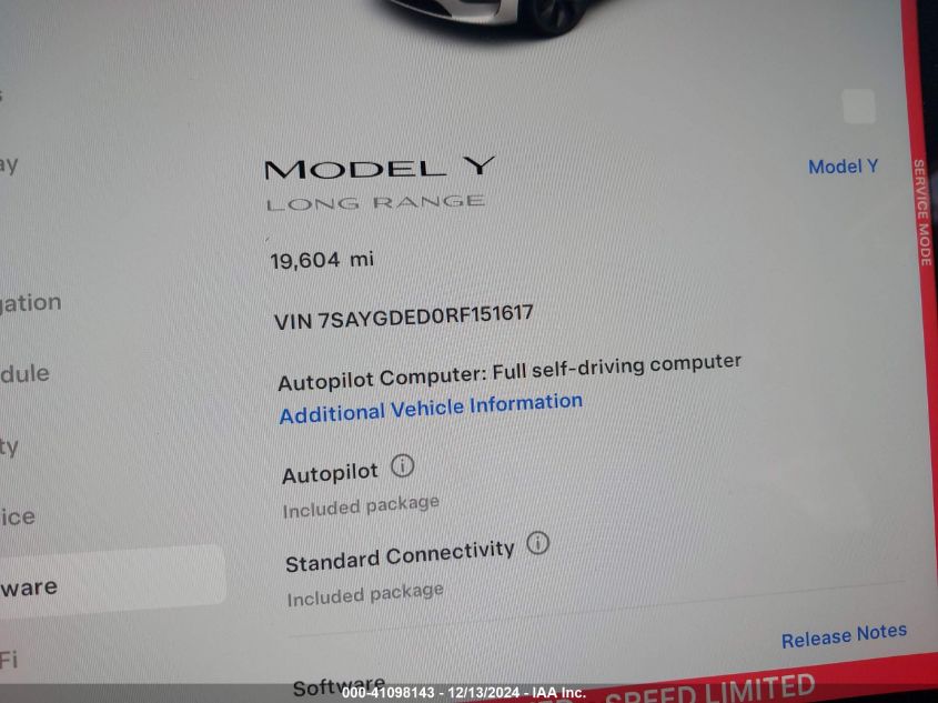 2024 Tesla Model Y Long Range Dual Motor All-Wheel Drive/Rwd VIN: 7SAYGDED0RF151617 Lot: 41098143