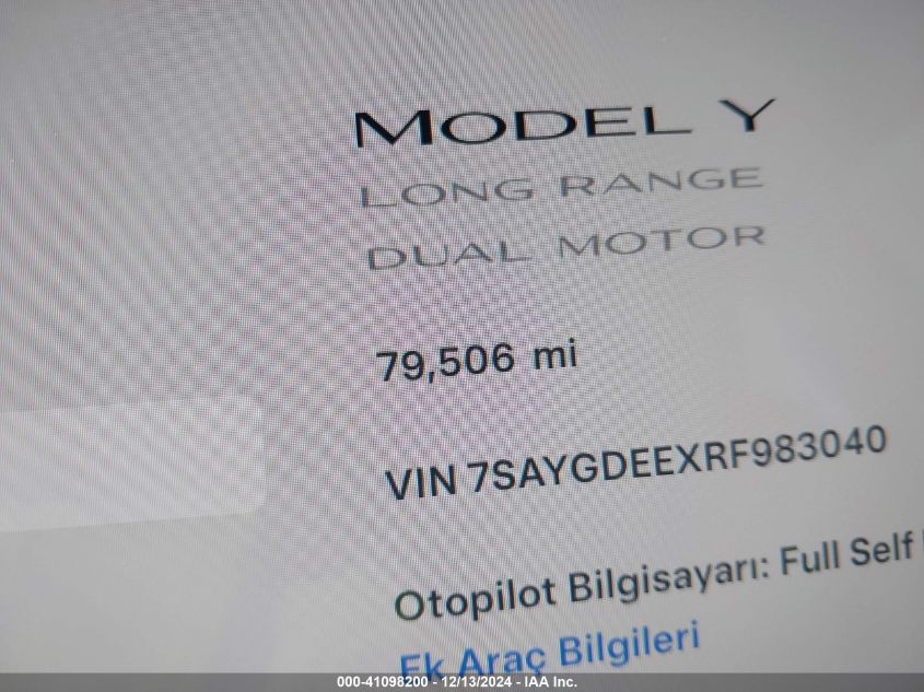 2024 Tesla Model Y Long Range Dual Motor All-Wheel Drive VIN: 7SAYGDEEXRF983040 Lot: 41098200