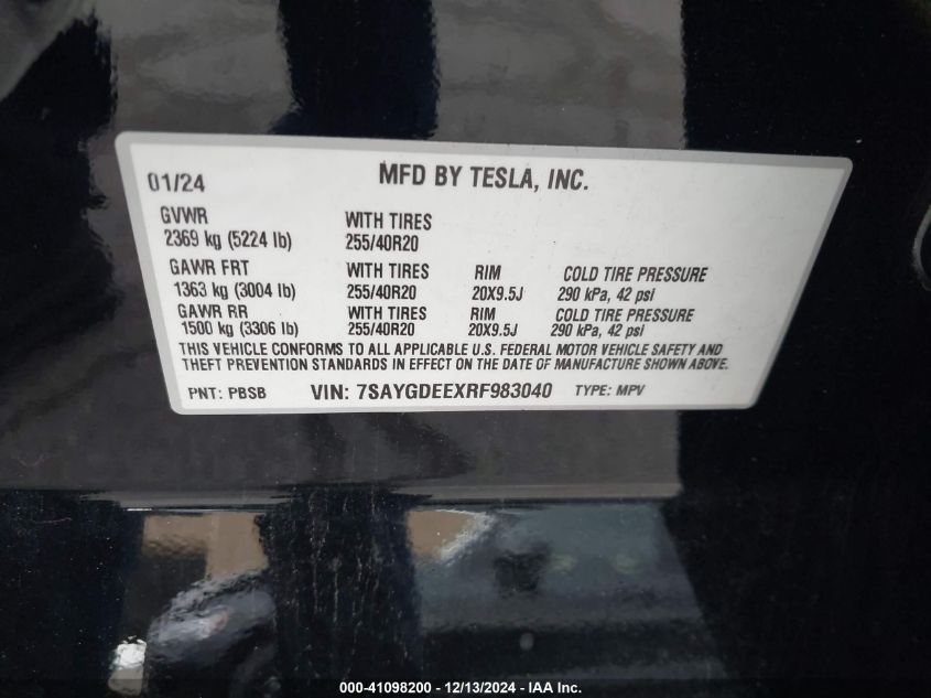 2024 Tesla Model Y Long Range Dual Motor All-Wheel Drive VIN: 7SAYGDEEXRF983040 Lot: 41098200