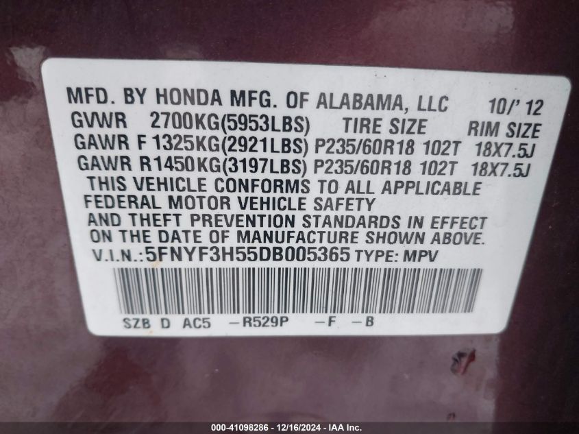 VIN 5FNYF3H55DB005365 2013 Honda Pilot, Ex-L no.9