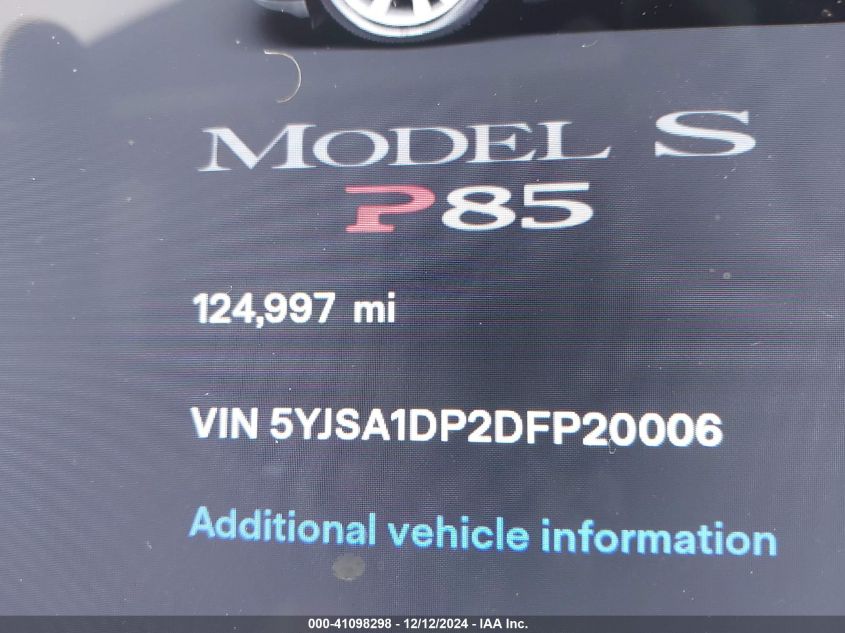 2013 Tesla Model S Performance VIN: 5YJSA1DP2DFP20006 Lot: 41098298