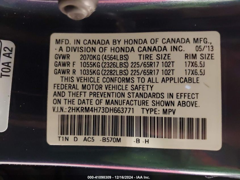 VIN 2HKRM4H73DH663771 2013 Honda CR-V, Ex-L no.9