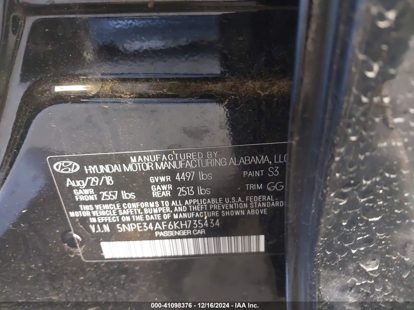 VIN 5NPE34AF6KH735434 2019 HYUNDAI SONATA SEL