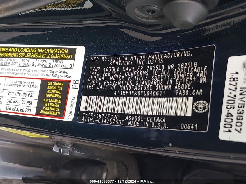 VIN 4T1BF1FK0FU046611 2015 Toyota Camry, LE no.9