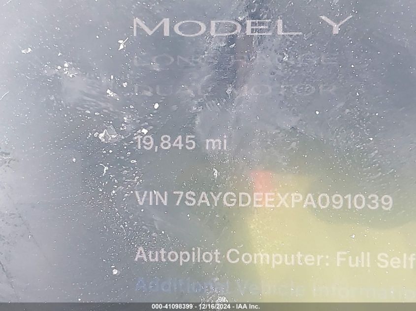 2023 Tesla Model Y VIN: 7SAYGDEEXPA091039 Lot: 41098399