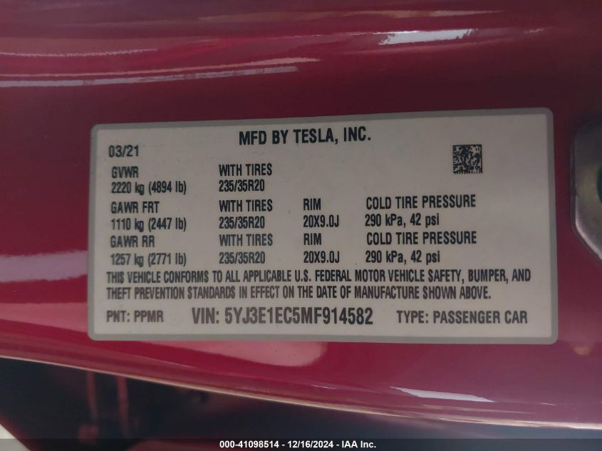 2021 Tesla Model 3 Performance Dual Motor All-Wheel Drive VIN: 5YJ3E1EC5MF914582 Lot: 41098514