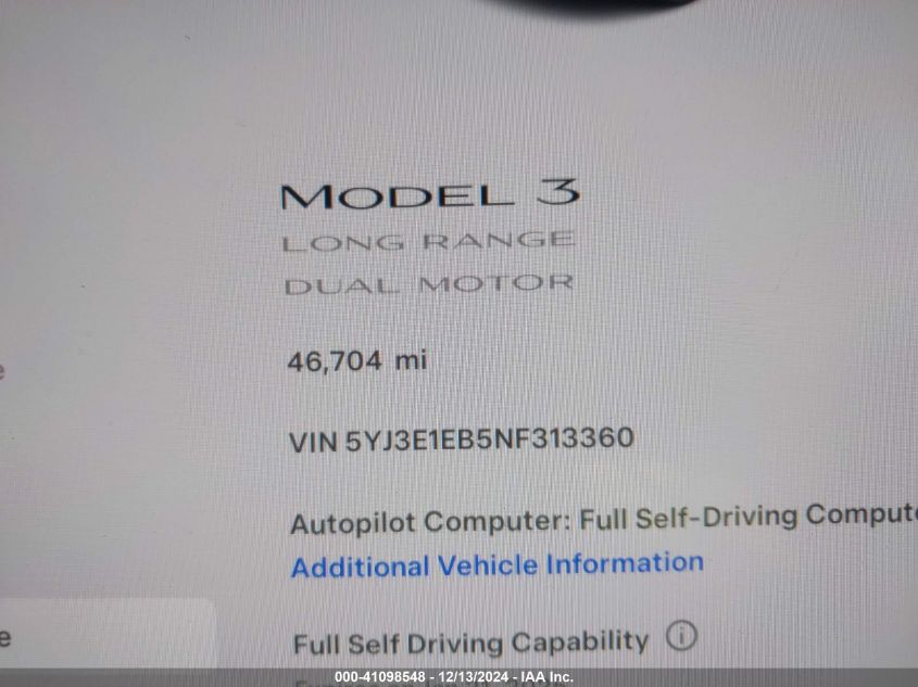 2022 Tesla Model 3 Long Range Dual Motor All-Wheel Drive VIN: 5YJ3E1EB5NF313360 Lot: 41098548