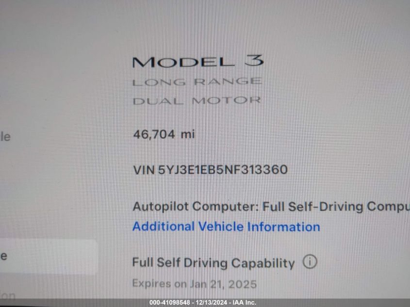 2022 Tesla Model 3 Long Range Dual Motor All-Wheel Drive VIN: 5YJ3E1EB5NF313360 Lot: 41098548