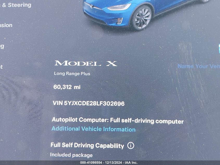 2020 Tesla Model X Long Range Dual Motor All-Wheel Drive/Long Range Plus Dual Motor All-Wheel Drive VIN: 5YJXCDE28LF302696 Lot: 41098554