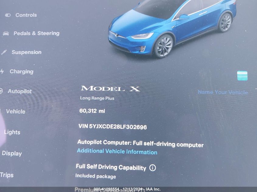 2020 Tesla Model X Long Range Dual Motor All-Wheel Drive/Long Range Plus Dual Motor All-Wheel Drive VIN: 5YJXCDE28LF302696 Lot: 41098554