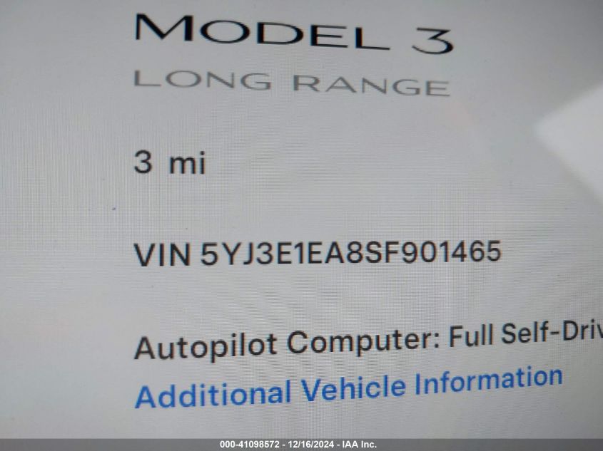 2025 Tesla Model 3 Long Range Rear-Wheel Drive VIN: 5YJ3E1EA8SF901465 Lot: 41098572