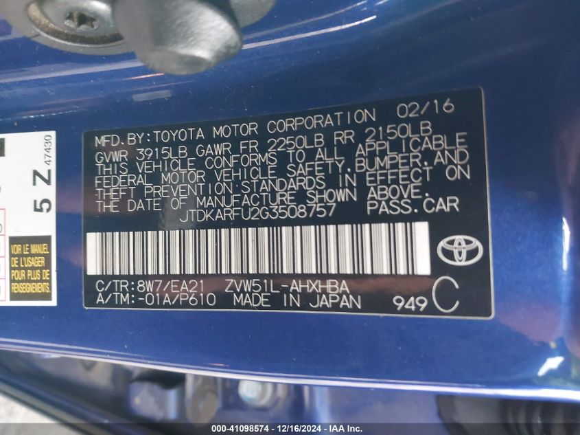 VIN JTDKARFU2G3508757 2016 TOYOTA PRIUS no.9