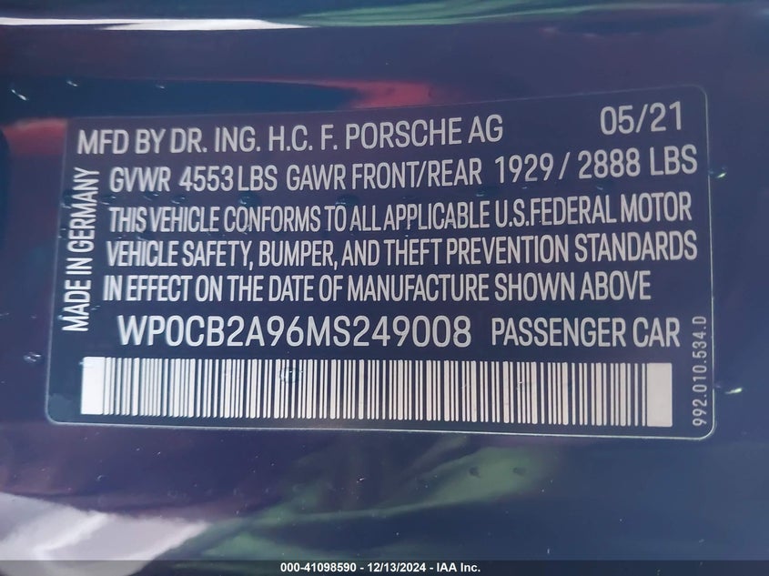 2021 PORSCHE 911 VIN: WP0CB2A96MS249008