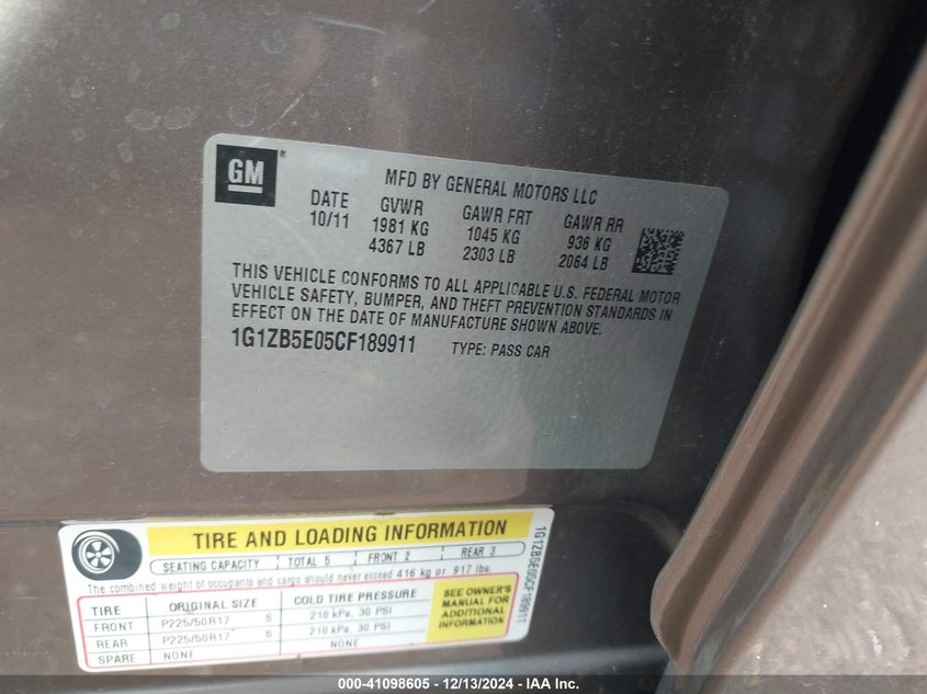 2012 CHEVROLET MALIBU VIN: 1G1ZB5E05CF189911