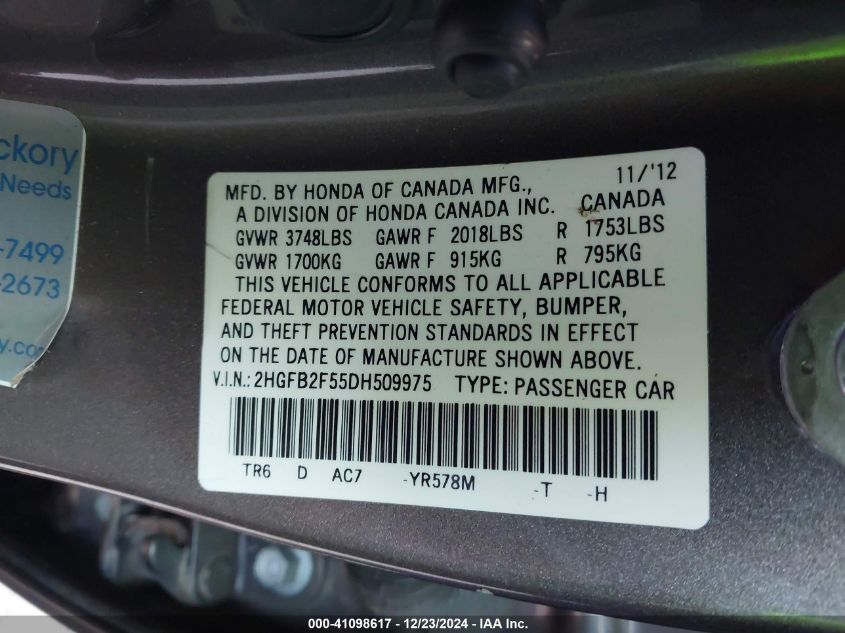 VIN 2HGFB2F55DH509975 2013 Honda Civic, LX no.9