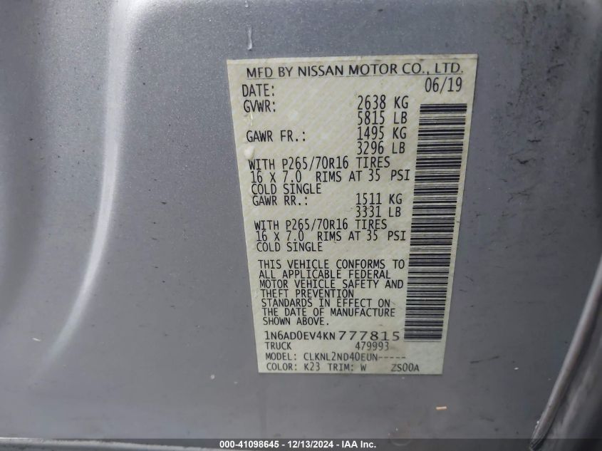 VIN 1N6AD0EV4KN777815 2019 NISSAN FRONTIER no.9