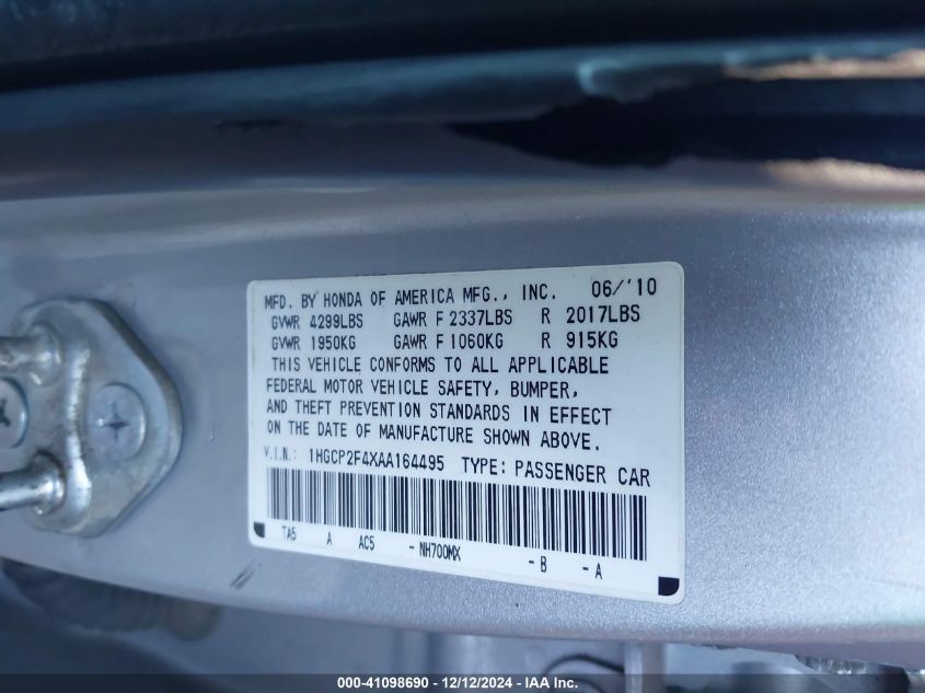 2010 Honda Accord 2.4 Lx-P VIN: 1HGCP2F4XAA164495 Lot: 41098690