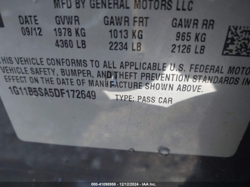 VIN 1G11B5SA5DF172649 2013 CHEVROLET MALIBU no.9