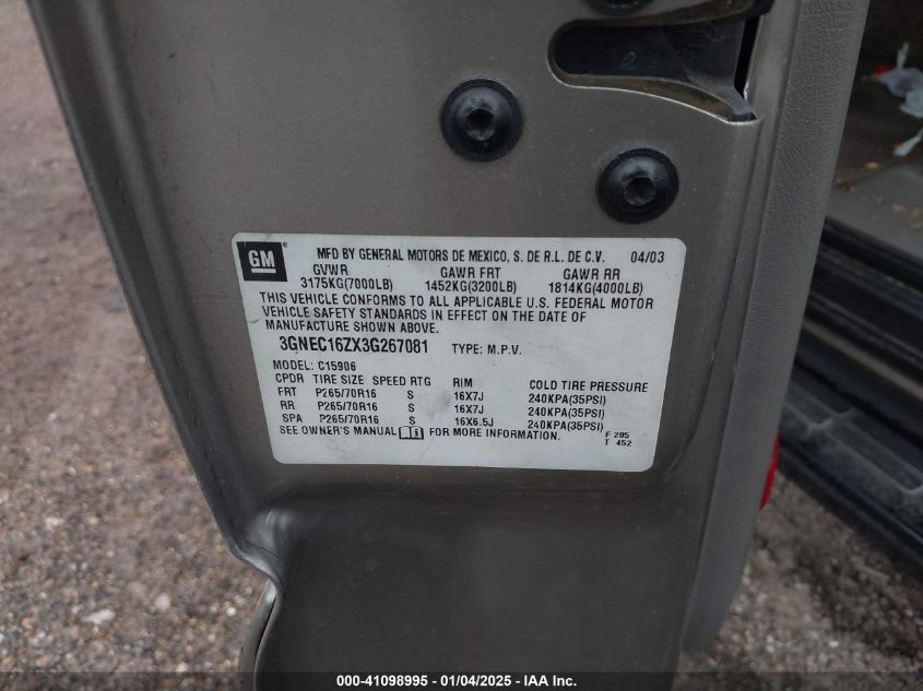 2003 Chevrolet Suburban 1500 Lt VIN: 3GNEC16ZX3G267081 Lot: 41098995