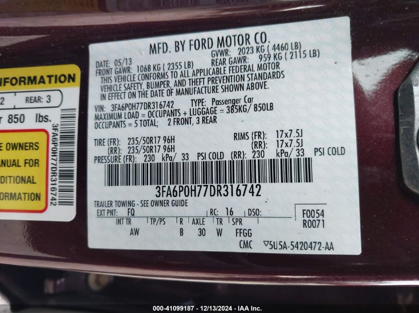 VIN 3FA6P0H77DR316742 2013 Ford Fusion, SE no.9