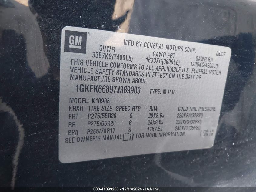 2007 GMC Yukon Xl 1500 Denali VIN: 1GKFK66897J389900 Lot: 41099268