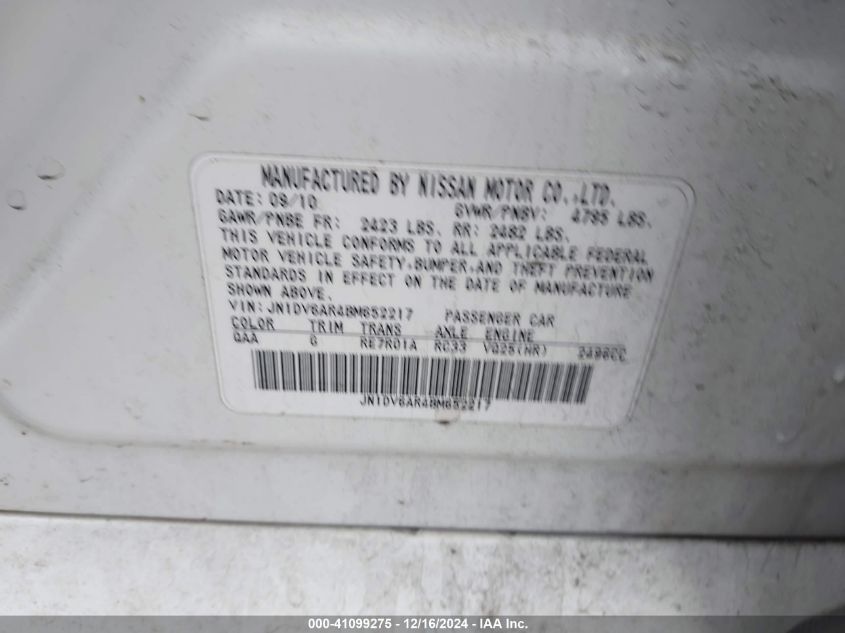 2011 Infiniti G25 VIN: JN1DV6E4BM652217 Lot: 41099275