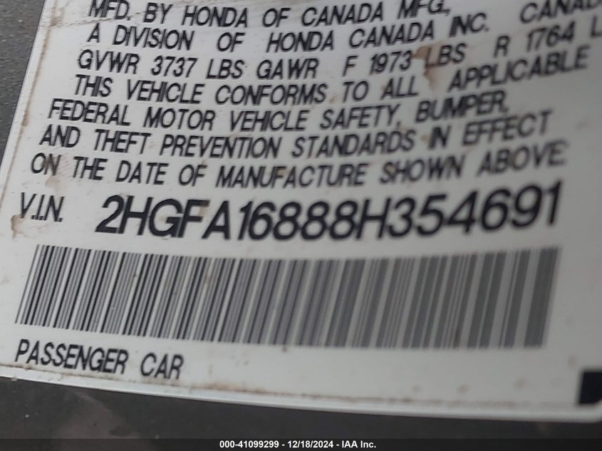 2008 HONDA CIVIC VIN: 2HGFA16888H354691