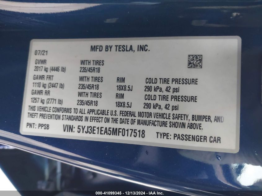 2021 Tesla Model 3 Standard Range Plus Rear-Wheel Drive VIN: 5YJ3E1EA5MF017518 Lot: 41099345