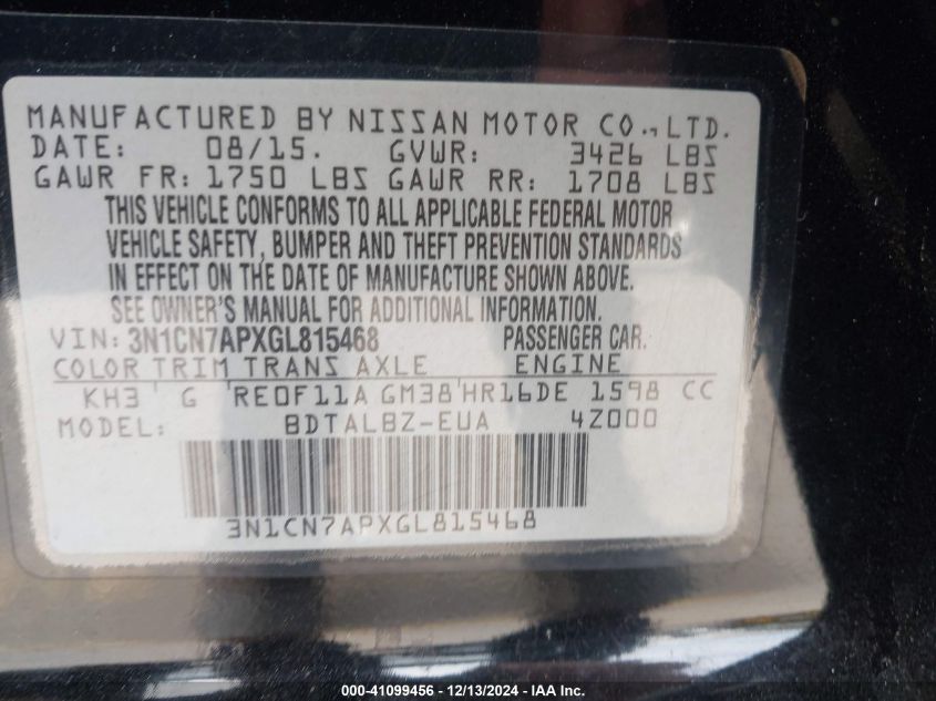 VIN 3N1CN7APXGL815468 2016 Nissan Versa, 1.6 S/1.6... no.9