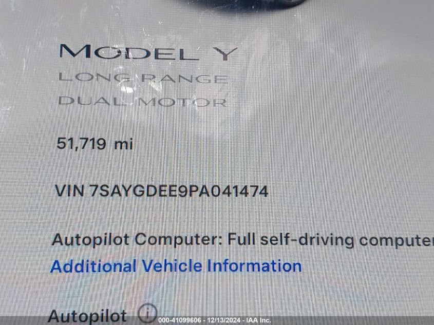 2023 Tesla Model Y Awd/Long Range Dual Motor All-Wheel Drive VIN: 7SAYGDEE9PA041474 Lot: 41099606