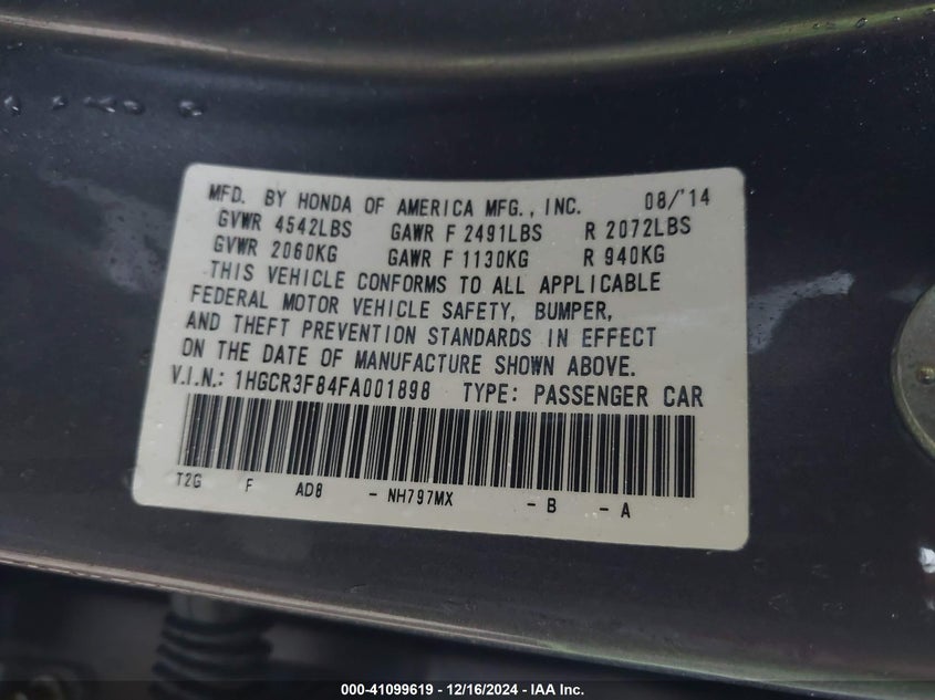 2015 HONDA ACCORD VIN: 1HGCR3F84FA001898