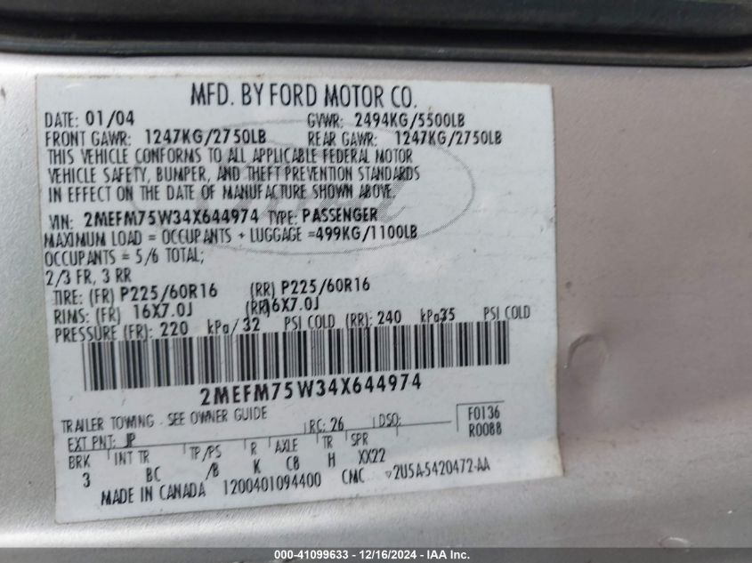 2004 Mercury Grand Marquis Ls VIN: 2MEFM75W34X644974 Lot: 41099633