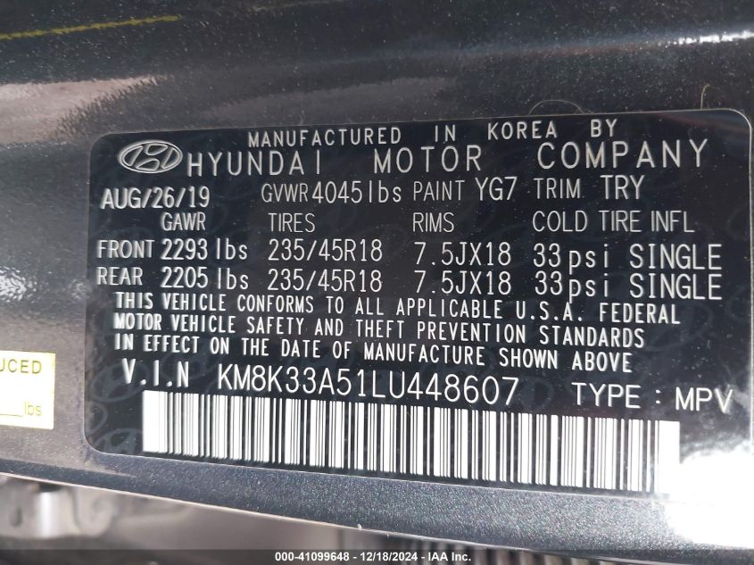 2020 Hyundai Kona Limited VIN: KM8K33A51LU448607 Lot: 41099648