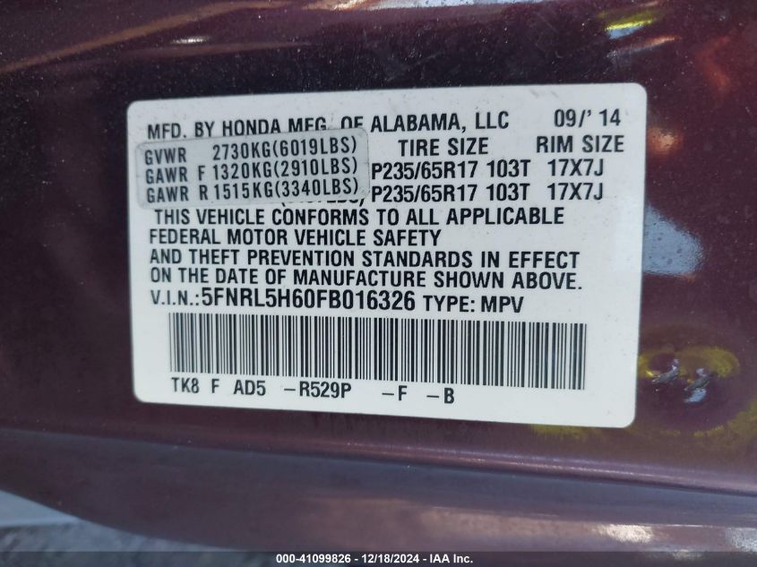 VIN 5FNRL5H60FB016326 2015 Honda Odyssey, Ex-L no.9