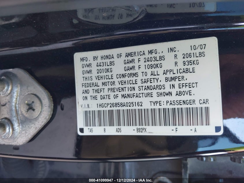 2008 HONDA ACCORD VIN: 1HGCP26858A025162