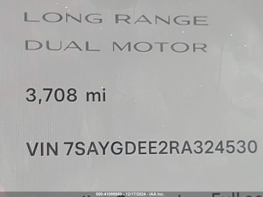 2024 Tesla Model Y Long Range Dual Motor All-Wheel Drive VIN: 7SAYGDEE2RA324530 Lot: 41099950