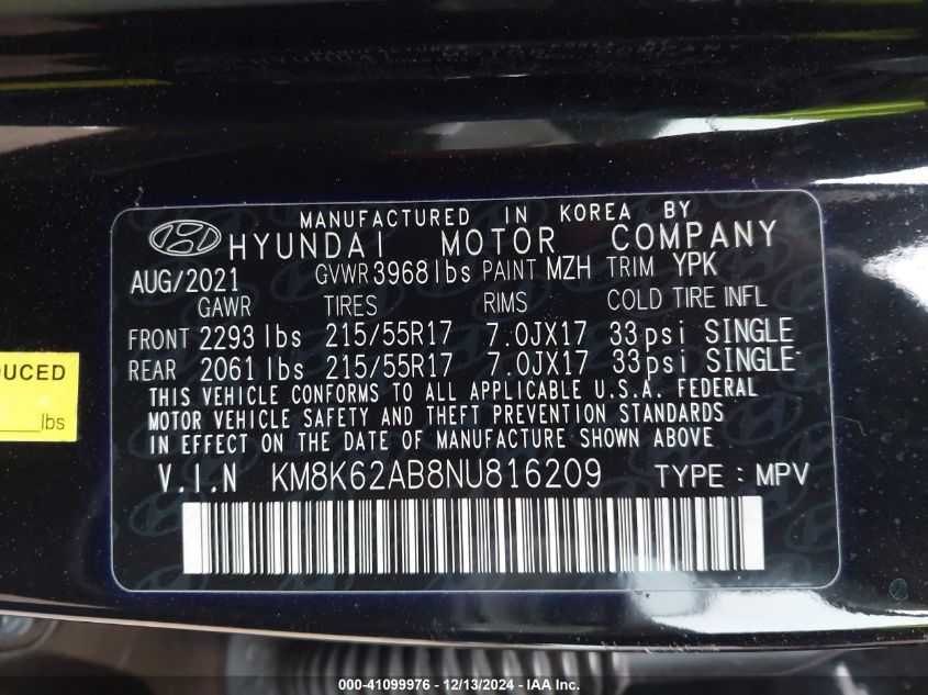 2022 Hyundai Kona Sel VIN: KM8K62AB8NU816209 Lot: 41099976