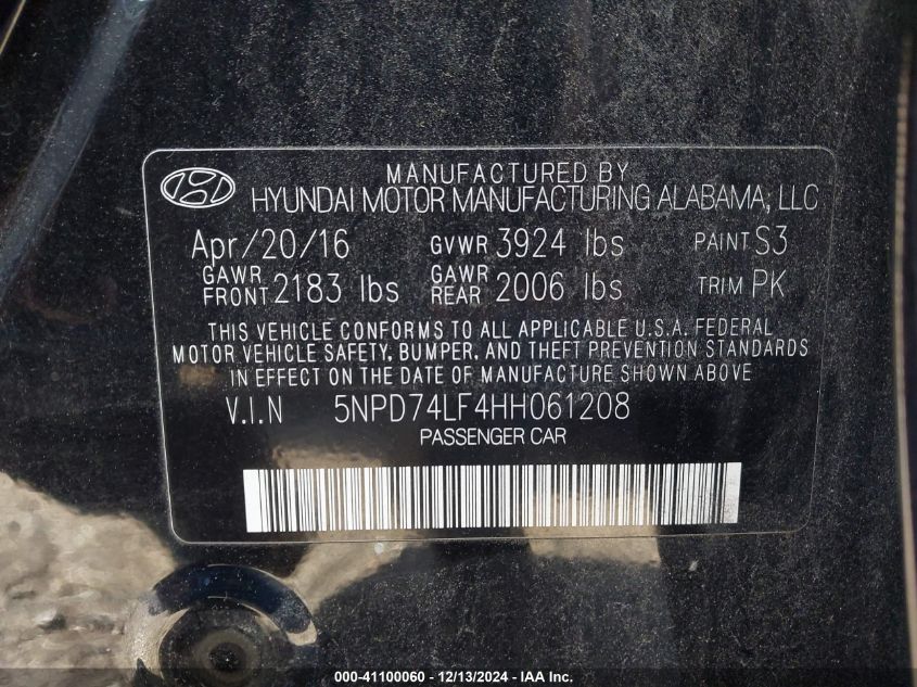 VIN 5NPD74LF4HH061208 2017 Hyundai Elantra, SE no.9